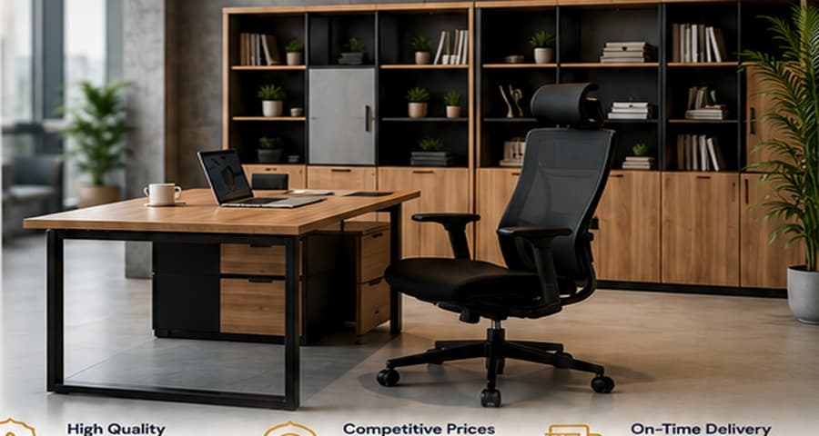 Modern office with desk, office chair and storage furniture